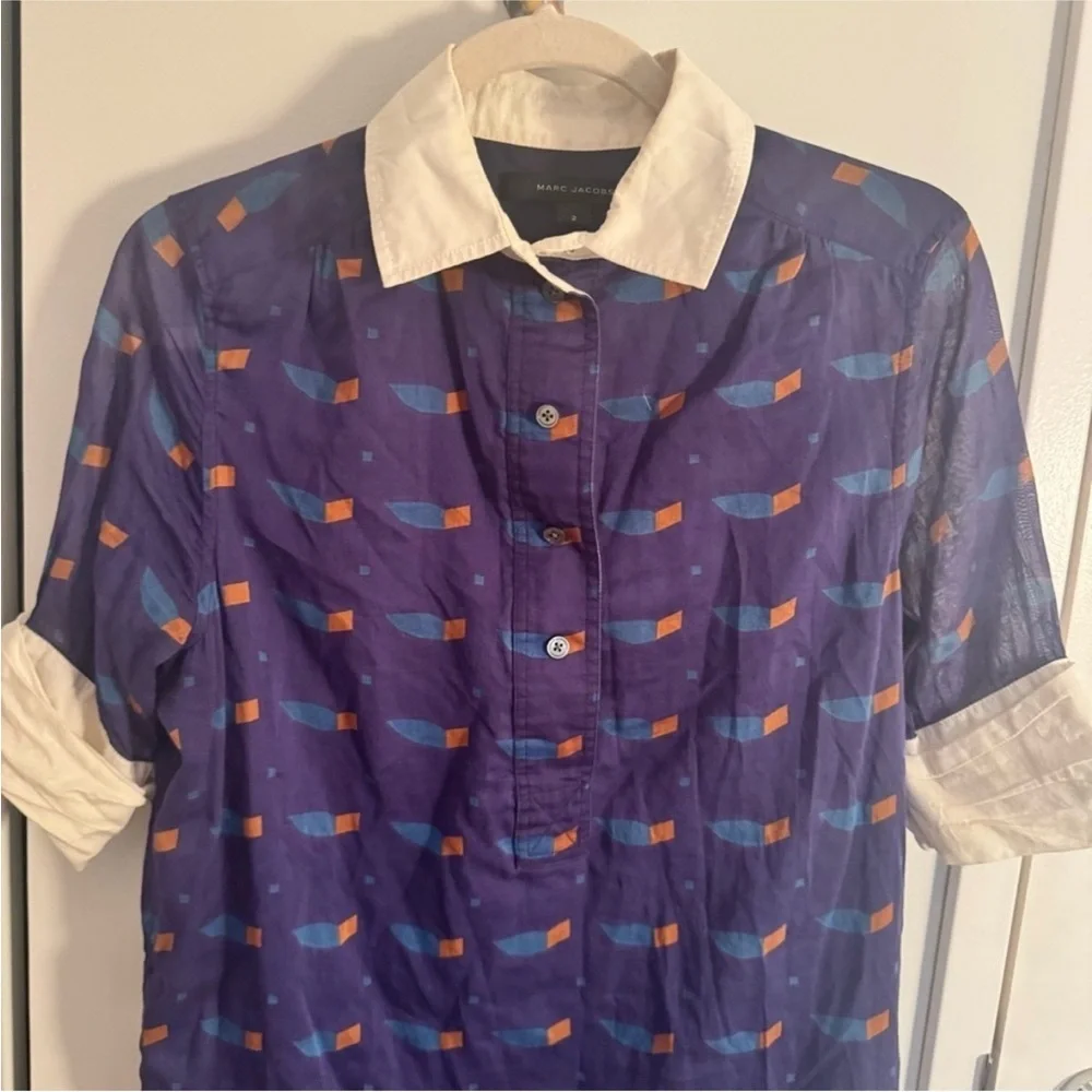 Marc Jacobs Blue Printed Polo Shirt Dress with Cream Collar and Cuffs - Picture 3 of 5